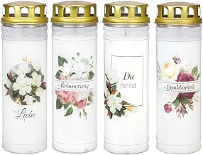 Jeka 4 Grave Candles - Eternal Light - Grave Light - Motif Candle with Floral Motif