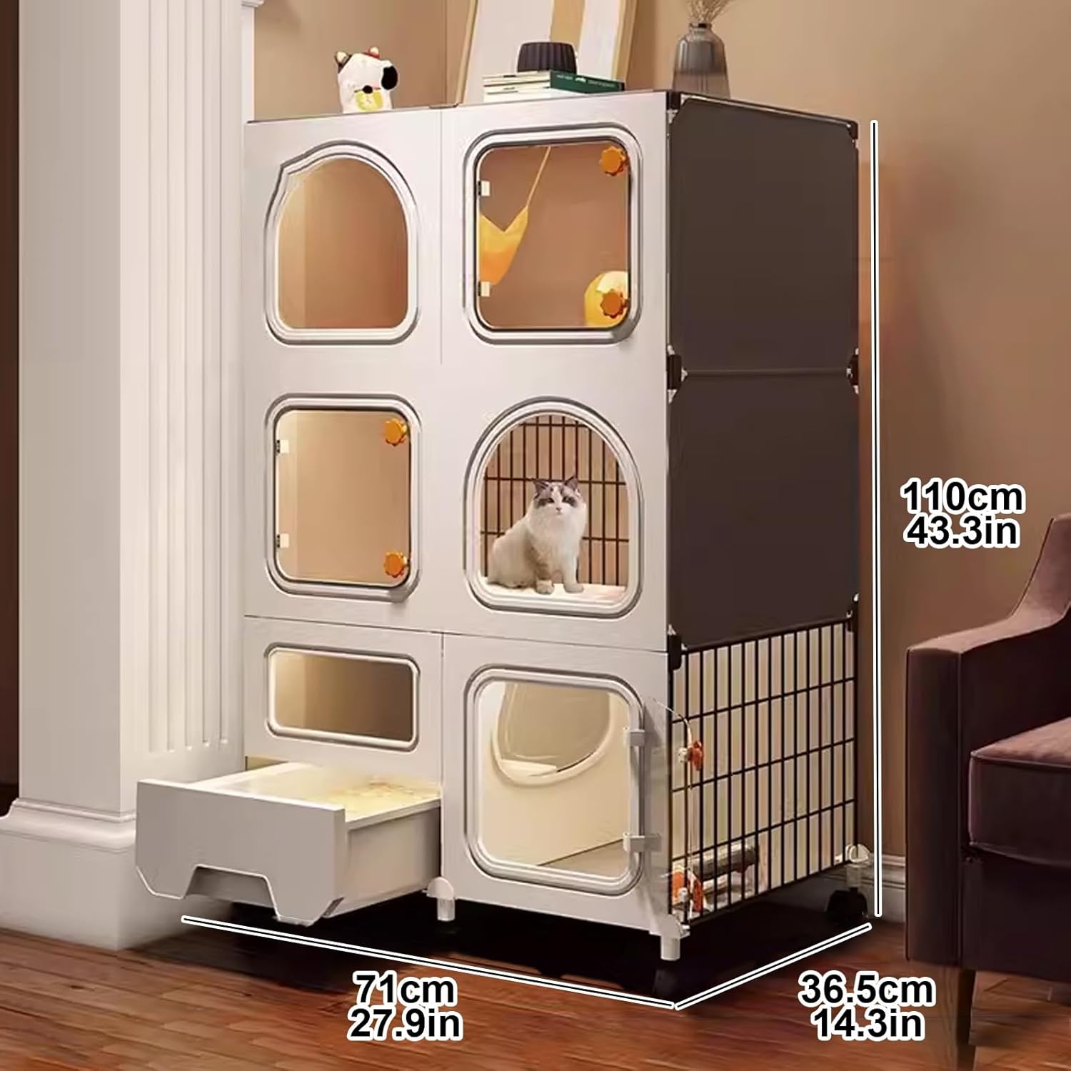 s Indoor Large, Cat Enclosures, Cat Enclosure with Cat Litter Box, Window, DIY Metal Wire Cat Playpen, Upgrade Caster Wheel, Free to Move, Easy to Clean (Size : 27.9 * 14.3 * 43.3