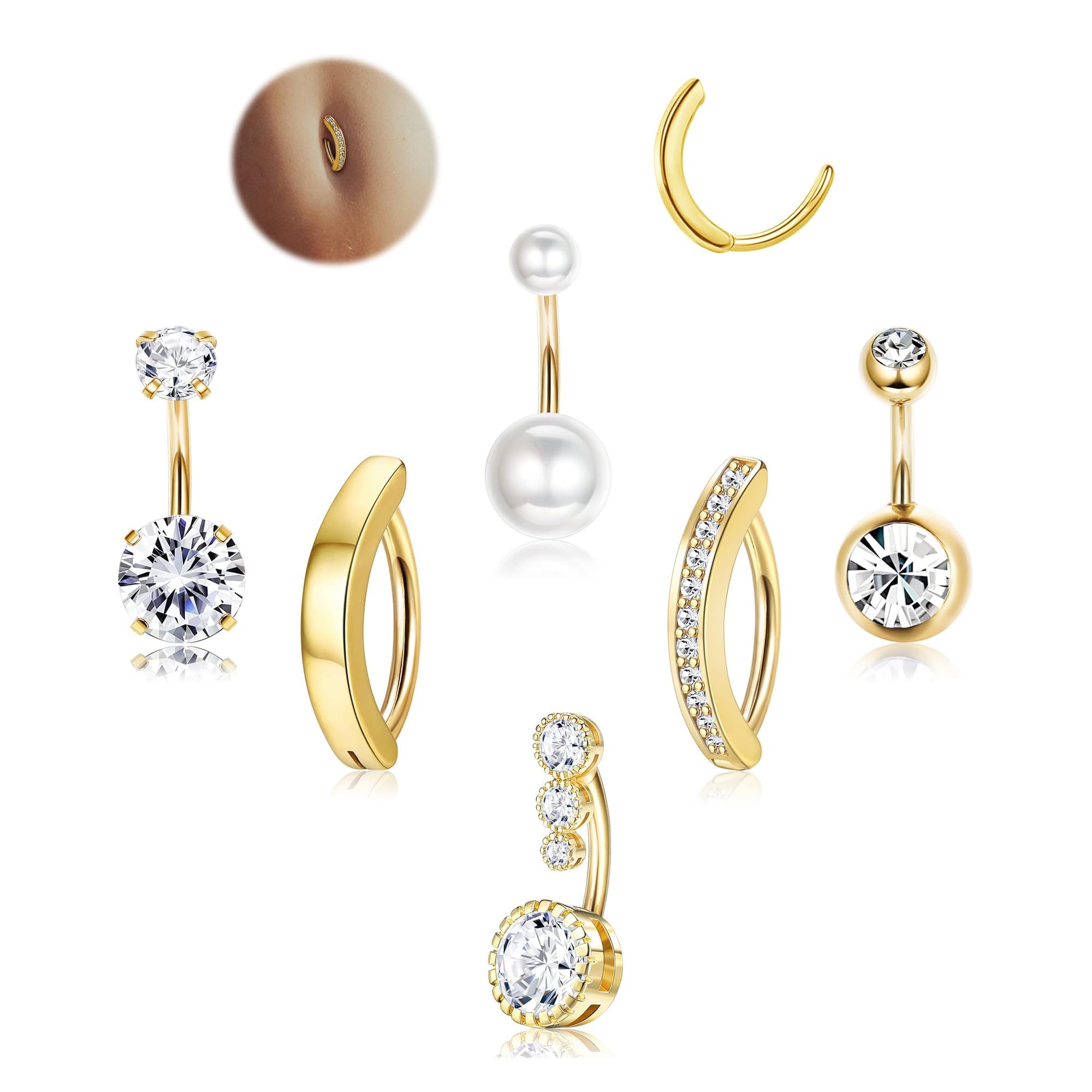 FIOROYAL 6Piezas Piercings Ombligo para Mujeres, 14G Piercing Ombligo Acero Quirurgico, Piercing Ombligo Oro/Plata, CZ Clicker Chapados Piercing Ombligo — view 7