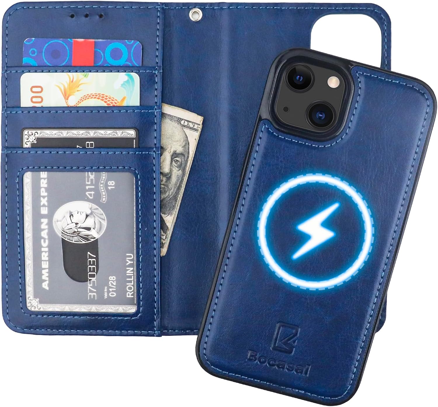 Bocasal for iPhone 13 Wallet Case Compatible with MagSafe Wireless Charging, RFID Blocking Magnetic Leather Case with Card Slots Holder Kickstand Detachable Wrist Strap 6.1 Inch (Blue)