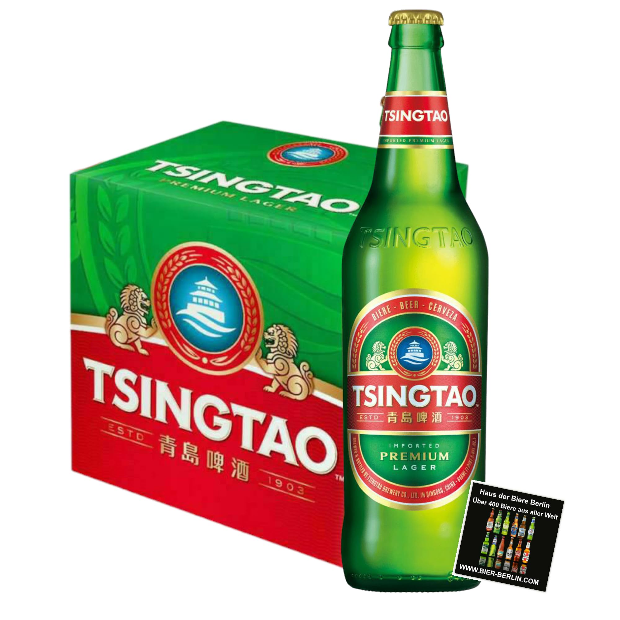 Tsingtao Bier – 12 x 640 ml Flasche | Chinesisches Lagerbier | Erfrischend & Leicht | Perfekt für Asiatische Küche | inkl. Haus der Biere Berlin Bierdeckel