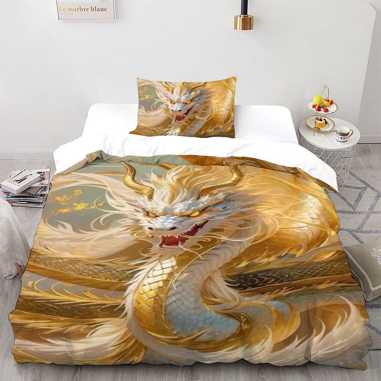 Housse de couette single microfibres 135x200cm dragon d'or pour lit enfant