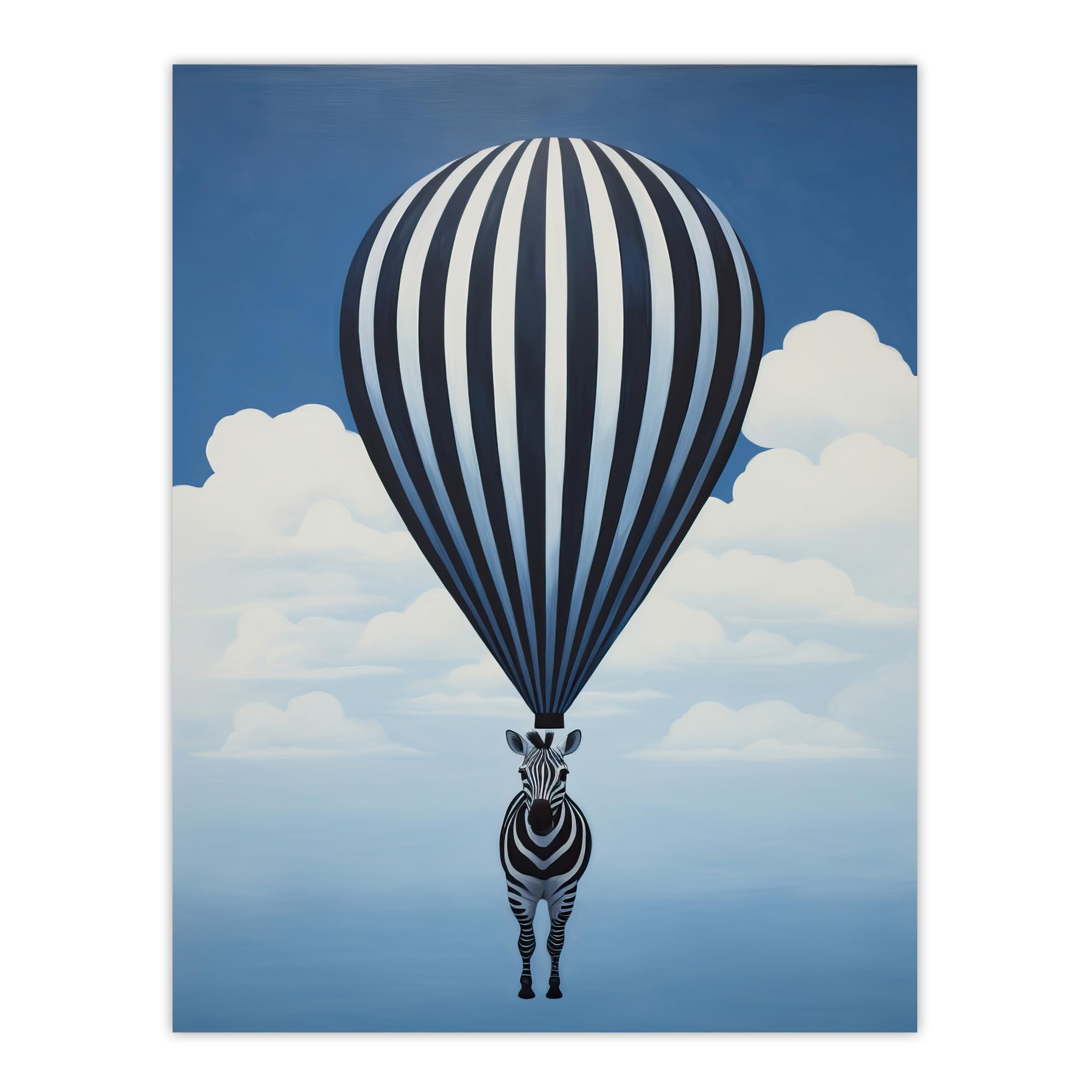 Wee Blue Coo Surreal And Stripes Zebra Balloon Adventures Over the Clouds Blue Black White Oil Painting Large Wall Art Poster Print Thick Paper 18X24 Inch
