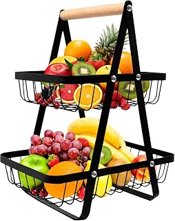 SKY-TOUCH 2-Tier Fruit Basket with Wooden Handle, Detachable Metal Fruit Bowl Holder Vegetable Storage Rack, Countertop Holder for Kitchen, Home, Office - Organize Fruits, Veggies, Snacks, Bread