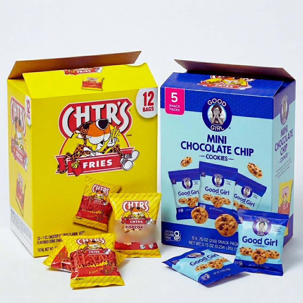 Chesters Frie Flamin Hot Corn Snack Fries & GoodIe Girl Chocolate Chip Mini Cookies Snack Pack, Gluten Free Variety Bundle, Individual Bags Multipack, Spicy Chips & Sweet Snacks for Lunch Boxes, Kids, Office & Travel