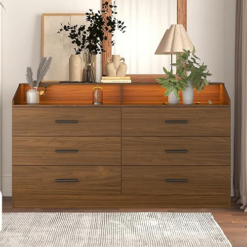 Miniatura 7 de Cómoda de 6 cajones, cómoda para dormitorio con toma de corriente, cómoda moderna con luz LED, cómoda de almacenamiento con compartimento de