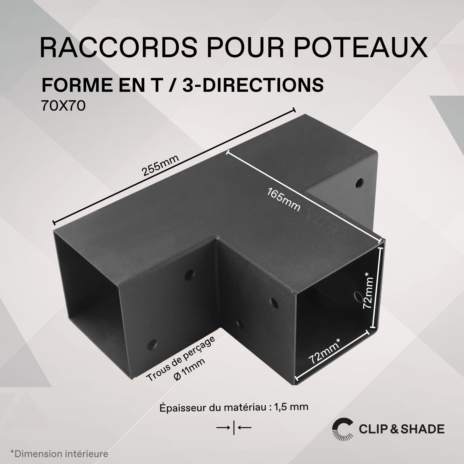 CLIP & SHADE Lot de 4 connecteurs de poteau bois 70x70 mm en T 3 voies | Support de poteau 7x7 cm galvanisé et thermolaqué | pour pergola, carport, terrasse