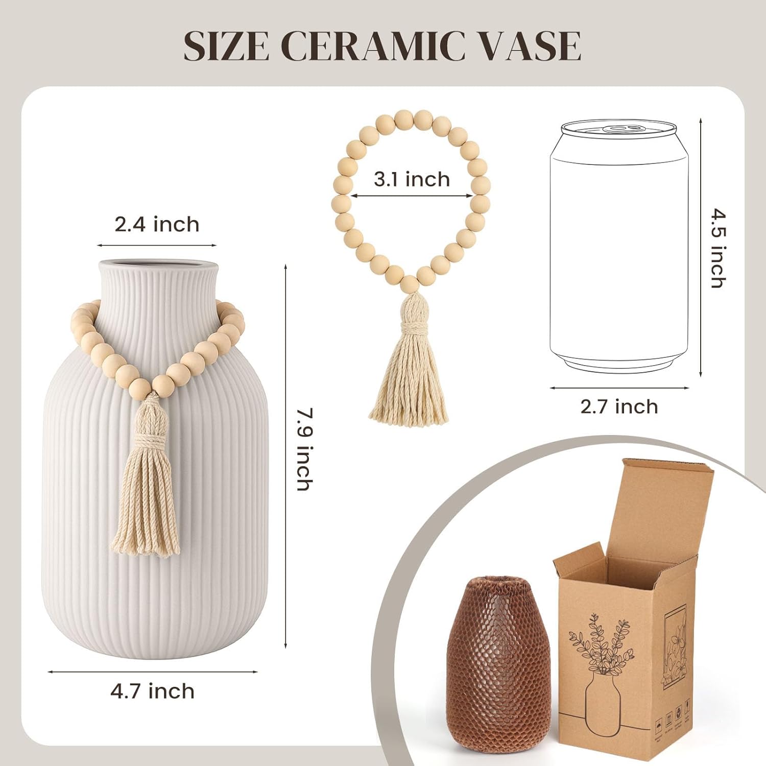 JOHOUSE 120PCS 17 Inch Dried Pampas Grass Decor, White Bunny Tails Dried Flowers, White Ceramic Vase with Grooves for Wedding Living Room Bedroom Office Centerpieces