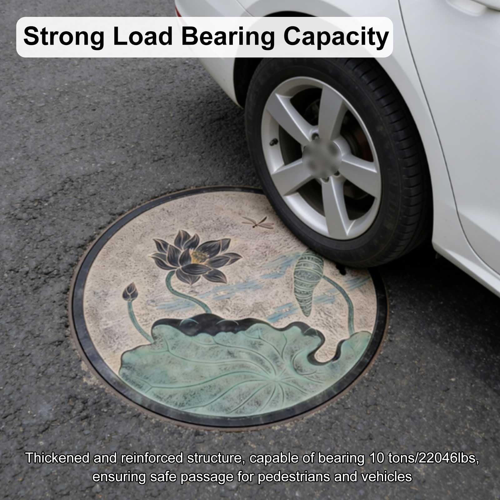 Coperchio del Tombino Decorative, Chiusino Pozzetto e Telaio Quadrati Rotondo con Foro di Sollevamento e Gancio, Fibra di Carbonio per Cortile, Giardino, Pavimentazione(60cm/24in)