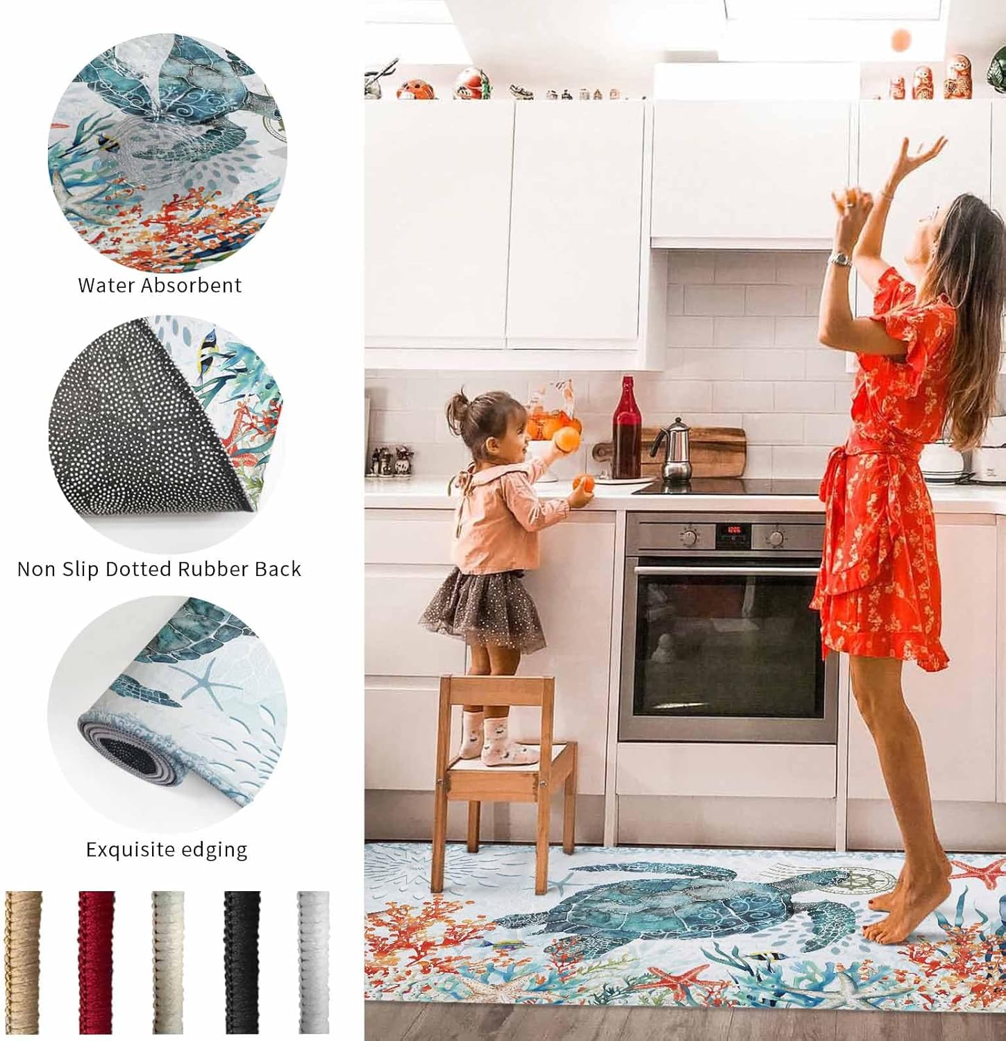 2 Pieces Kitchen Rugs and Mats,Coastal Ocean Turtle Coral Starfish Area Runner Rug Set Non Slip Floor Doormat Washable Carpet Standing Mat for Kitchen Sink Indoor Corridor,Light Blue Marine Compass