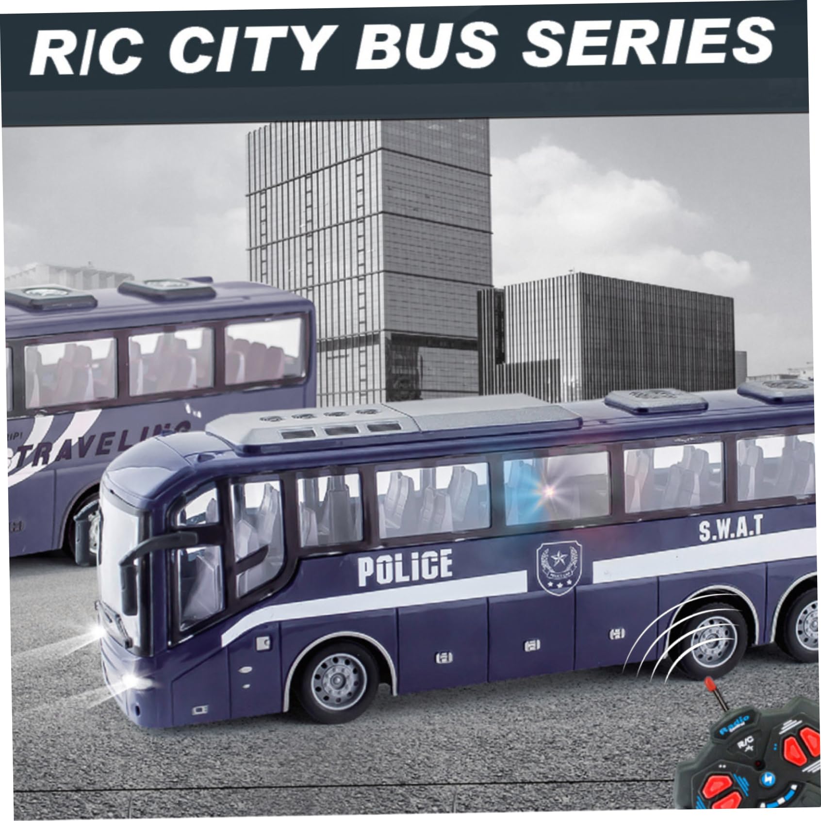 Juguete de autobús de la policía, 12.4x3.2x4.5 pulgadas 1:30 Simulador de autobús de la policía eléctrica realista y divertida de control remoto, regalo creativo para niñas, sin batería, azul