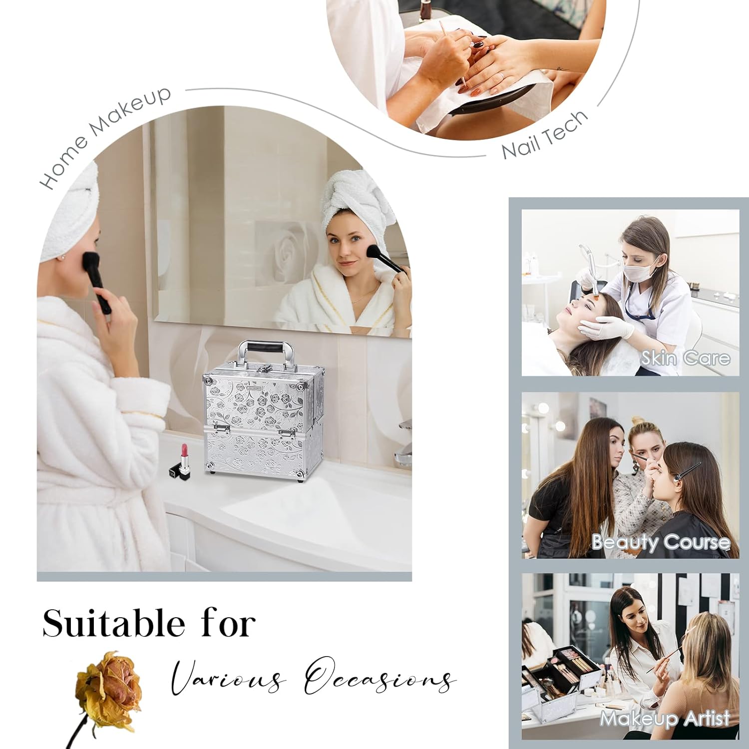 Frenessa Makeup Train Case Portable Cosmetic Box Organizer 4 Trays Aluminum Makeup Case Storage with Divider Lockable for Makeup Artist, Crafter, Makeup Tools Elagant Silver Rose : Beauty & Personal Care