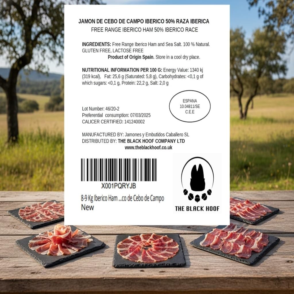 Prosciutto Iberico Cebo de Campo Intero Spagnolo (Jamon Iberico Cebo de Campo) 8–9 kg | Stagionato 36+ mesi | Senza additivi | Certificato CERTICALIDAD | Prodotto in Spagna da The Black Hoof