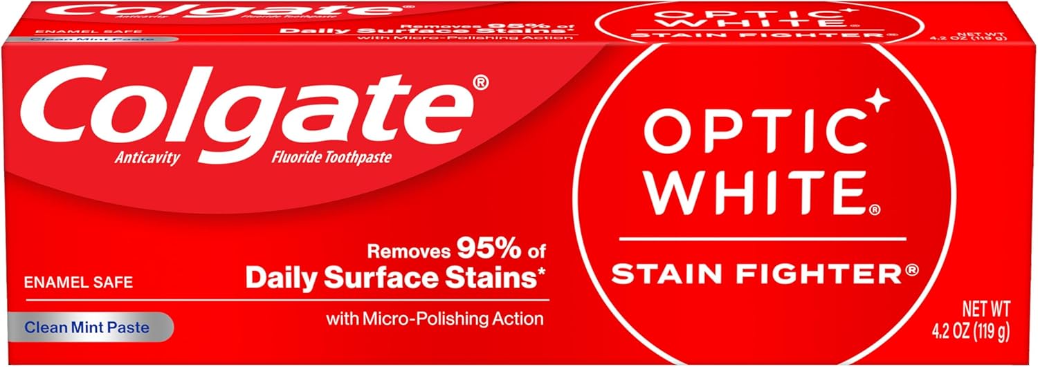 Colgate Optic White Stain Fighter Teeth Whitening Toothpaste, Anticavity Fluoride Toothpaste for Whitening Teeth, Helps Remove Daily Surface Stains, Clean Mint Paste, 4.2 oz