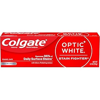 Colgate Optic White Stain Fighter Teeth Whitening Toothpaste, Anticavity Fluoride Toothpaste for Whitening Teeth, Helps Remove Daily Surface Stains, Clean Mint Paste, 4.2 oz