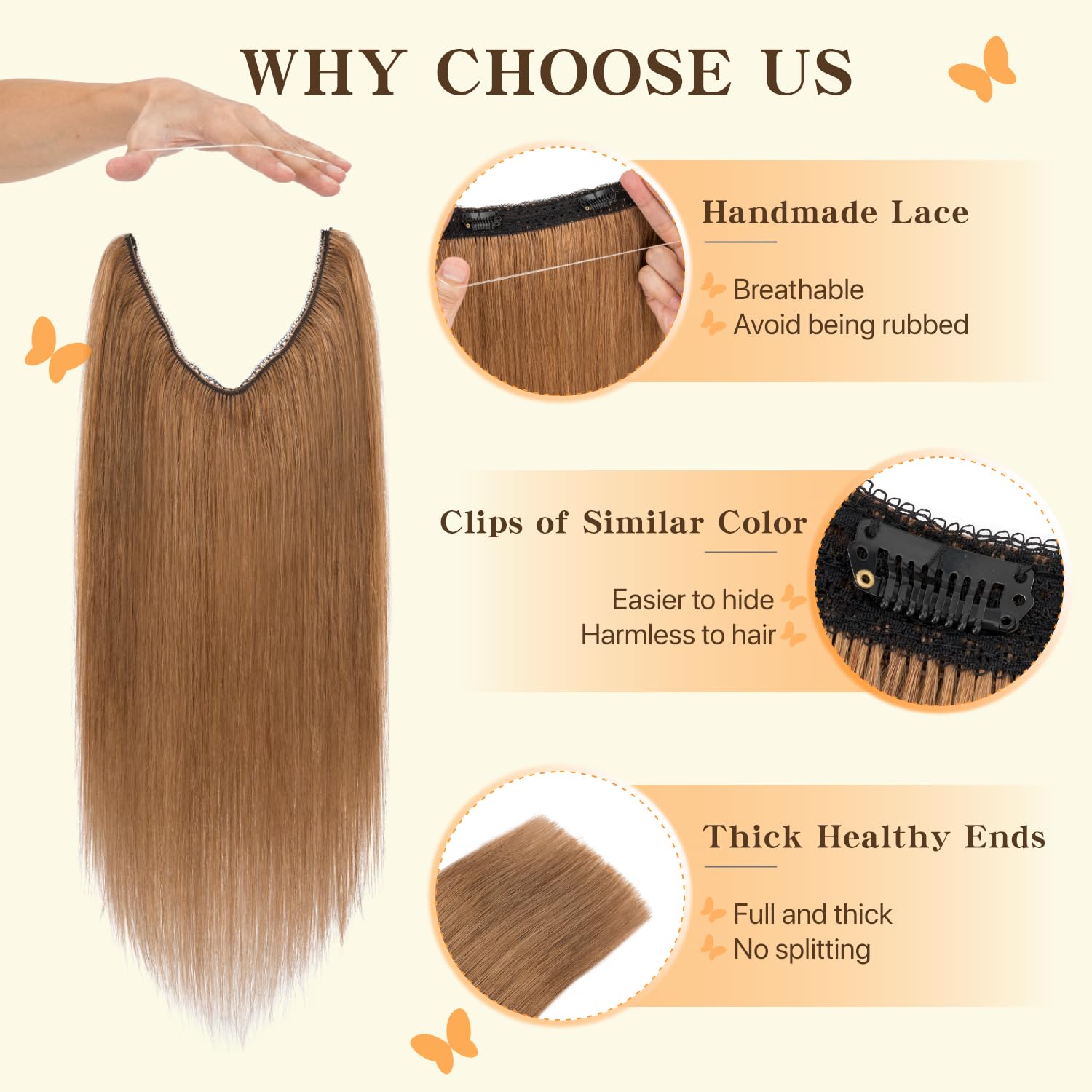 TESS Halo & Clip in Hair Extension 100% Real Human Hair Wig One Piece Adjustable Invisible Transparent Wire with 2 Secure Clips for Women UK #06 Light Brown 16 inch 65g - Image 3