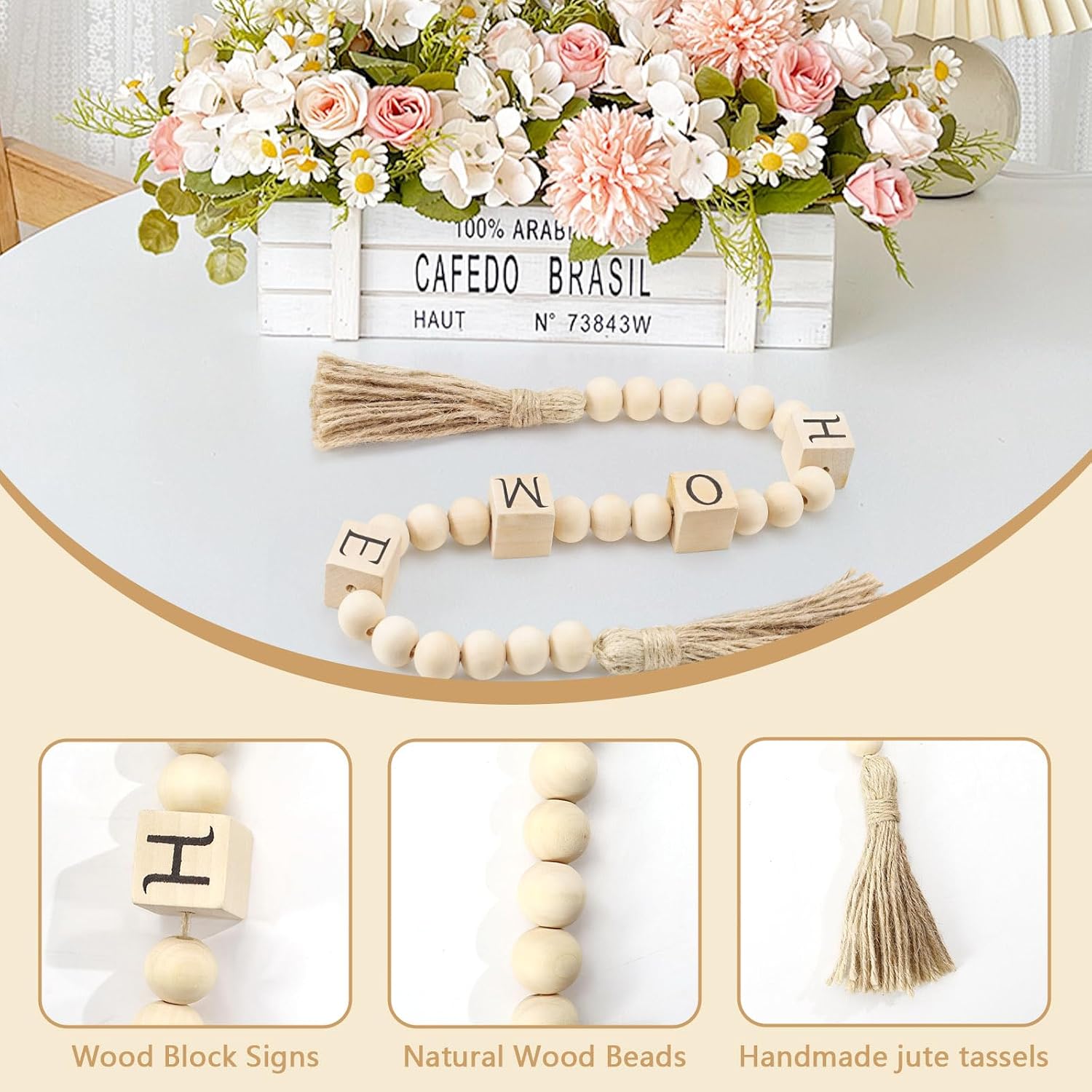 Huakaile 29.5 Inch Home Block Sign Wood Bead Garland with Tassels, Farmhouse Letter Decorative Beaded Garland, Rustic Wooden Beads Decor for Shelf Tray Coffee Tabletop Mantel Table (Beige)