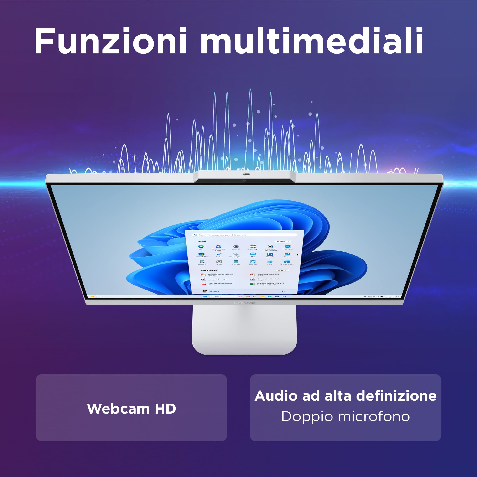 Lenovo A100 All-In-One, Display 24" FHD, Intel N100, 512GB SSD, RAM 16GB, 2Wx2 Audio Speakers, WiFi 6, Windows 11 Home, Tastiera + Mouse Wireless - Cloud Grey