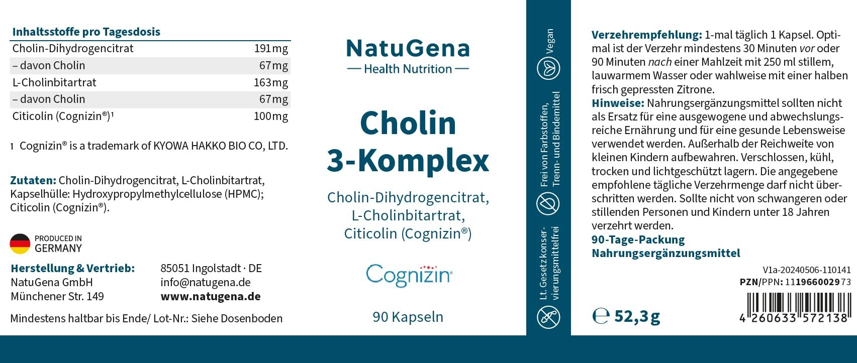 NatuGena Cholin-3-Komplex, 3 bioaktive Cholin-Formen - 191 mg Cholin-Dihydrogencitrat, bestmögliche Bioverfügbarkeit durch Citicolin, L-Cholinbitartrat, 60 Kapseln (1-Monats Packung)