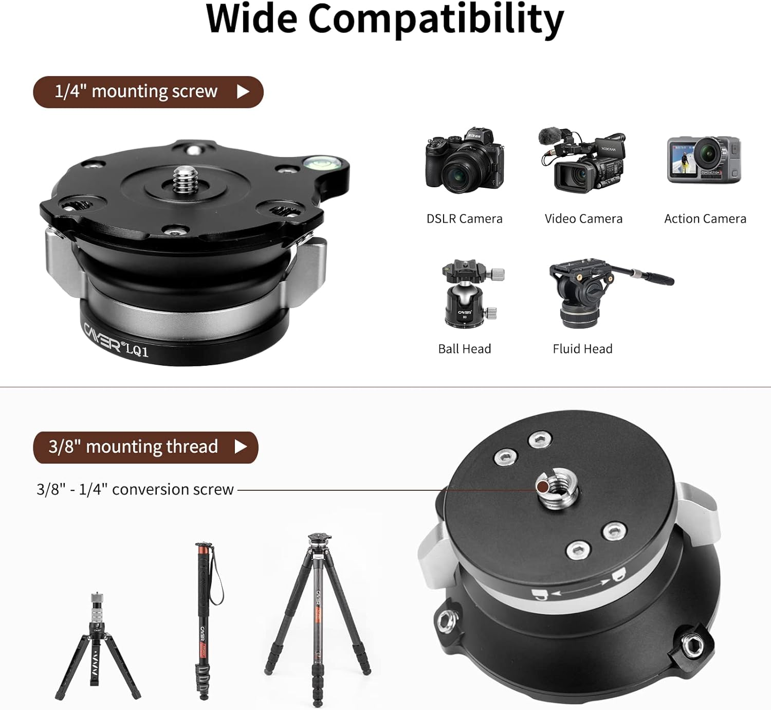 Cayer LQ1 Tripod Head Leveling Base with 55mm Platform - Aluminum Camera Leveler for DSLR, Mirrorless, Action Cameras, 13.2 lbs Load Capacity