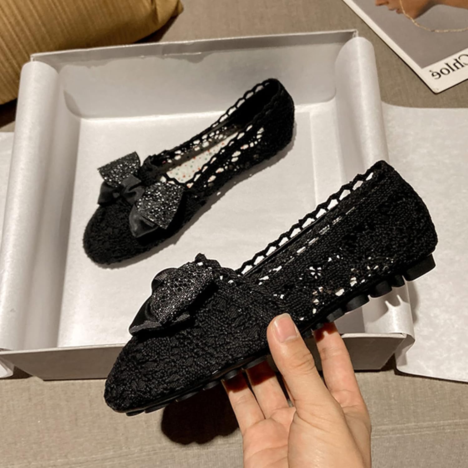 [PANLON] フラットシューズ モカシン スリッポン 22.5cm メッシュ レディース ローファー リボン モカシンシューズ