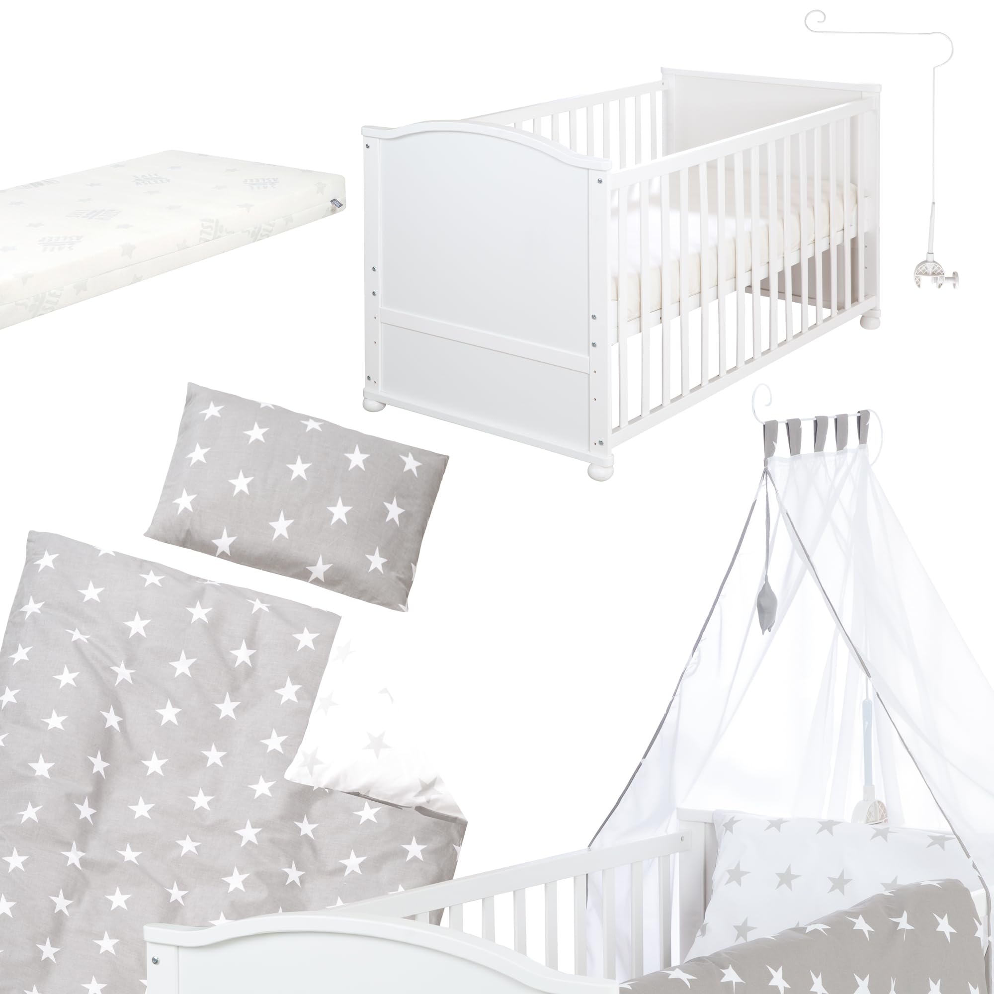 roba Lettino Completo di Set Biancheria Little Stars, 70 x 140 cm, Letto per Bambini con Federa, Copripiumino, Materasso, Baldacchino, Legno Bianco