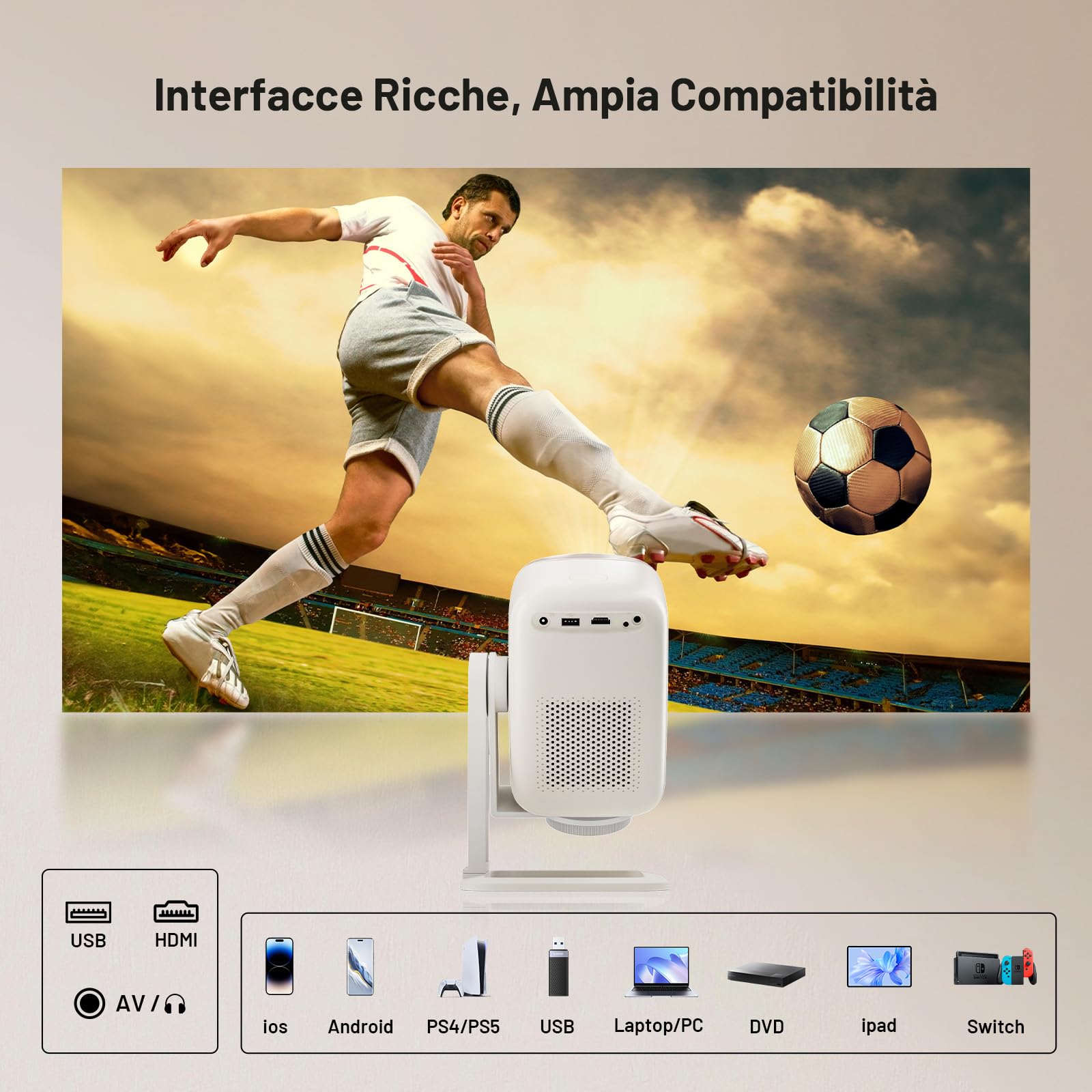 Proiettore【Auto Focus/Keystone & Rotazione a 360°】Smart Projector Portatile con Android OS,Supporto 4K,1080P Nativo,450 ANSI,WiFi 6 Bluetooth 5.2,Home Cinema Proiettore per iOS/Android/PS5/USB/HDMI