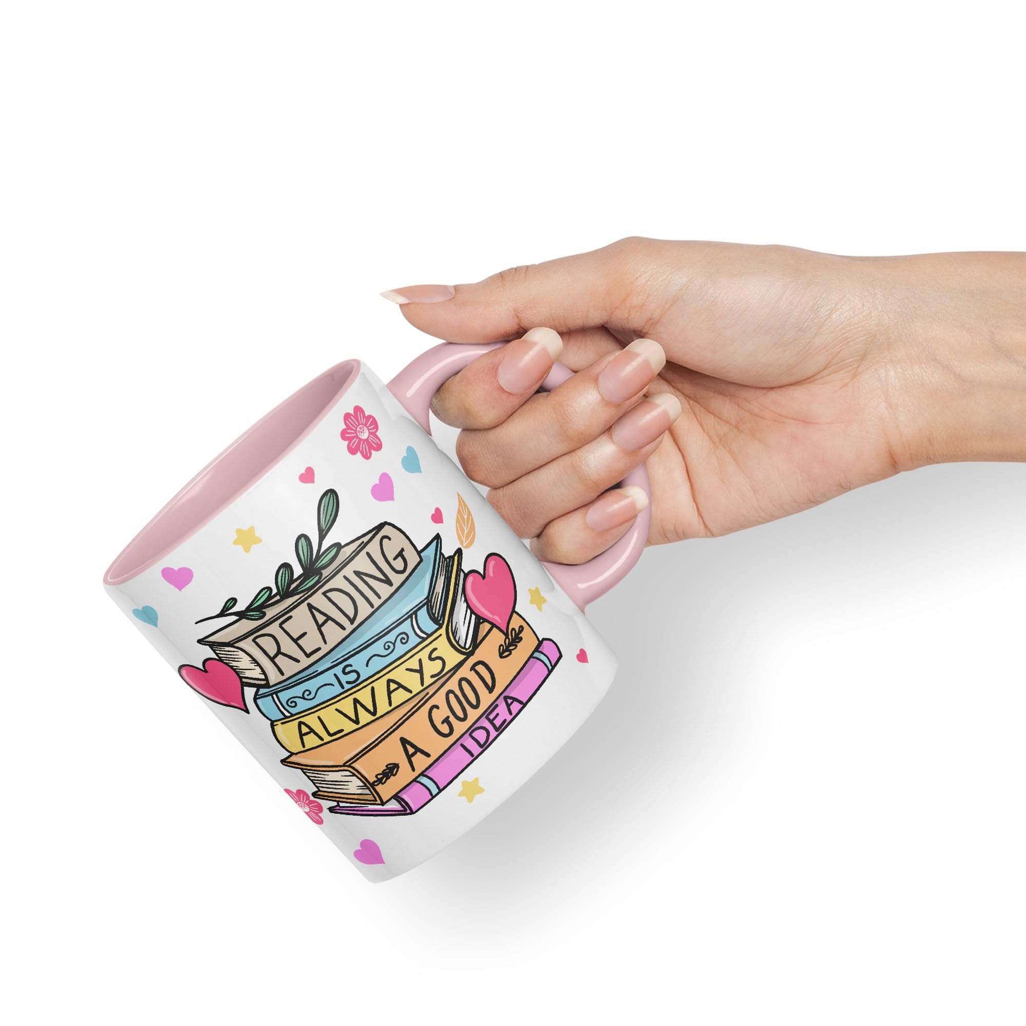 Vixar Reading is Always a Good Idea Book Reader Gift Presents Coloured Ceramic Mug Cup Gift 330ml 11oz Work Office Tea Coffee (Pink) - Image 2