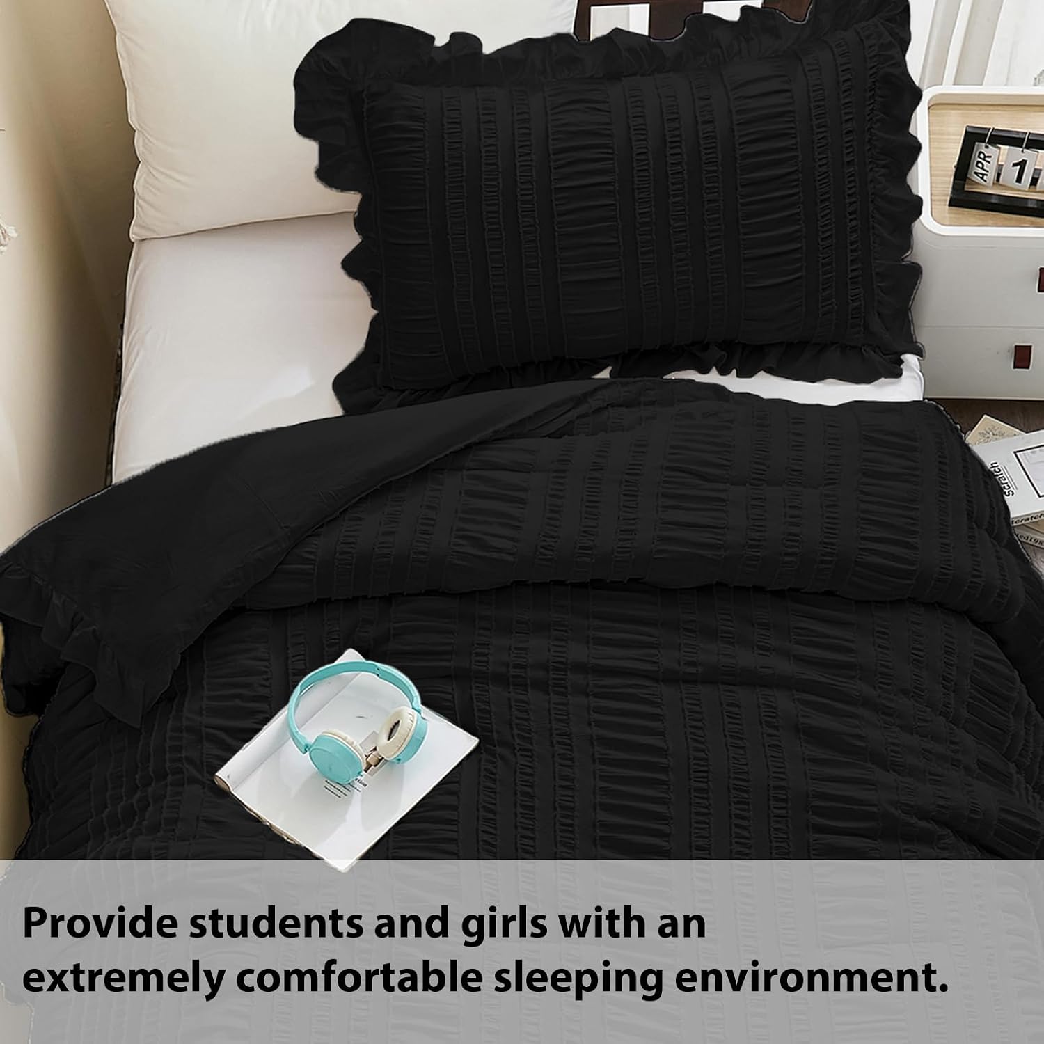 WONGS BEDDING Comforter Full Size, Black Ruffle Comforter for Dorm Room Essentials for Full Bed, Soft Seersucker Textured Bedding Set Full Size Comforter Sets for Girls 90"×78"
