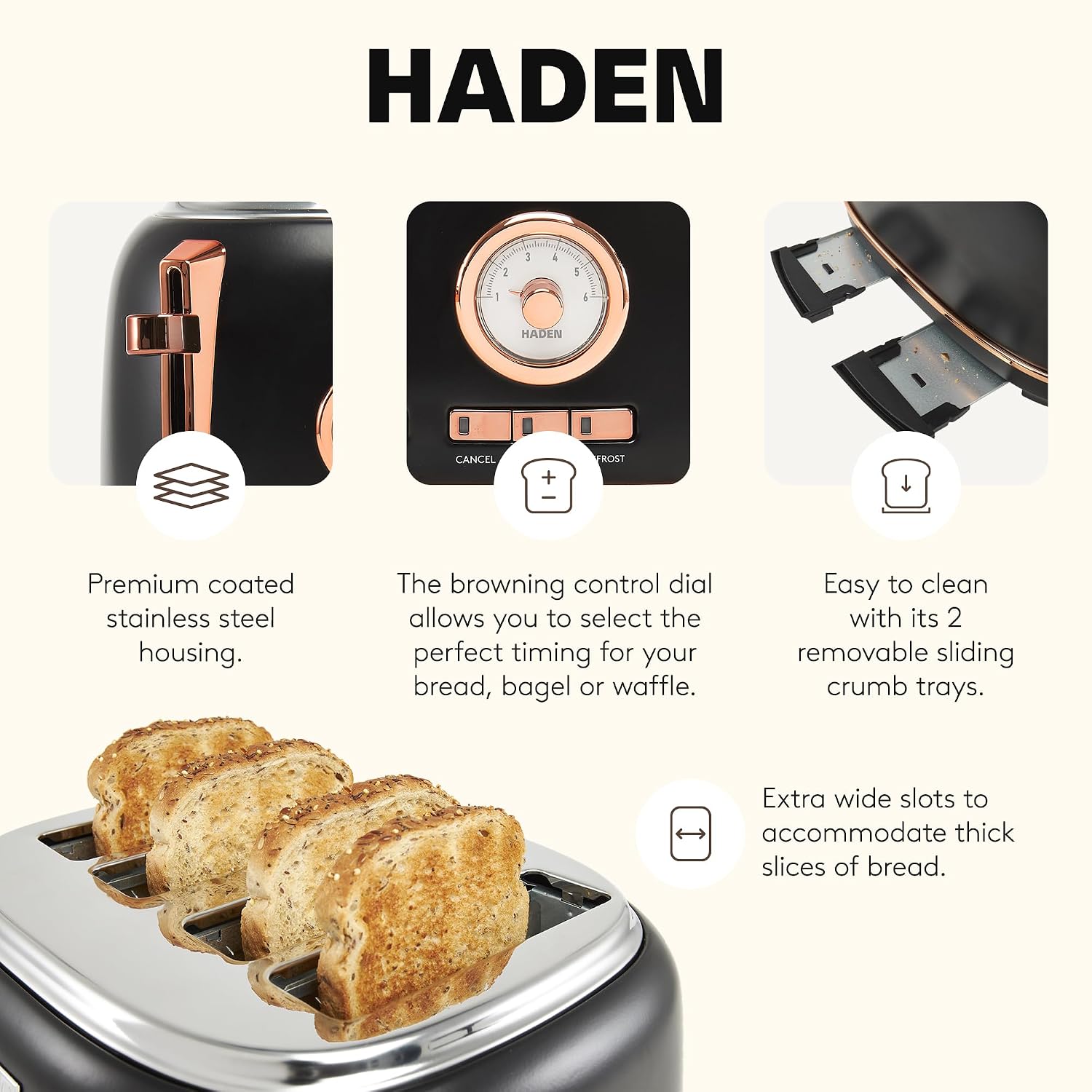 Haden Dorset 2 Slice Wide Slot Stainless Steel Toaster with Adjustable Browning Control & Non-Slip Feet, Putty & Chrome, view 12
