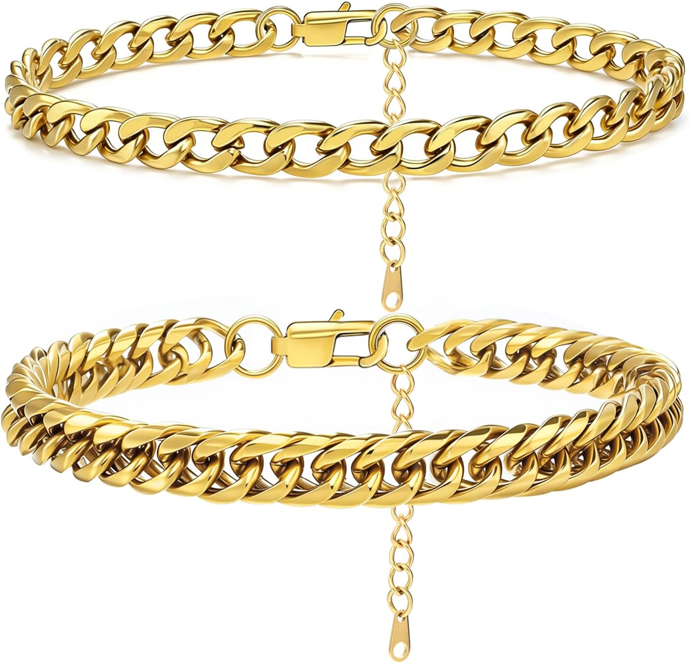 2PCS Ankle Bracelets for Women - Gold/Silver Plated Stainless Steel Anklets Set - Waterproof Layered Cuban Link Chain Anklet Bracelet Summer Beach Foot Jewelry Gifts for Women