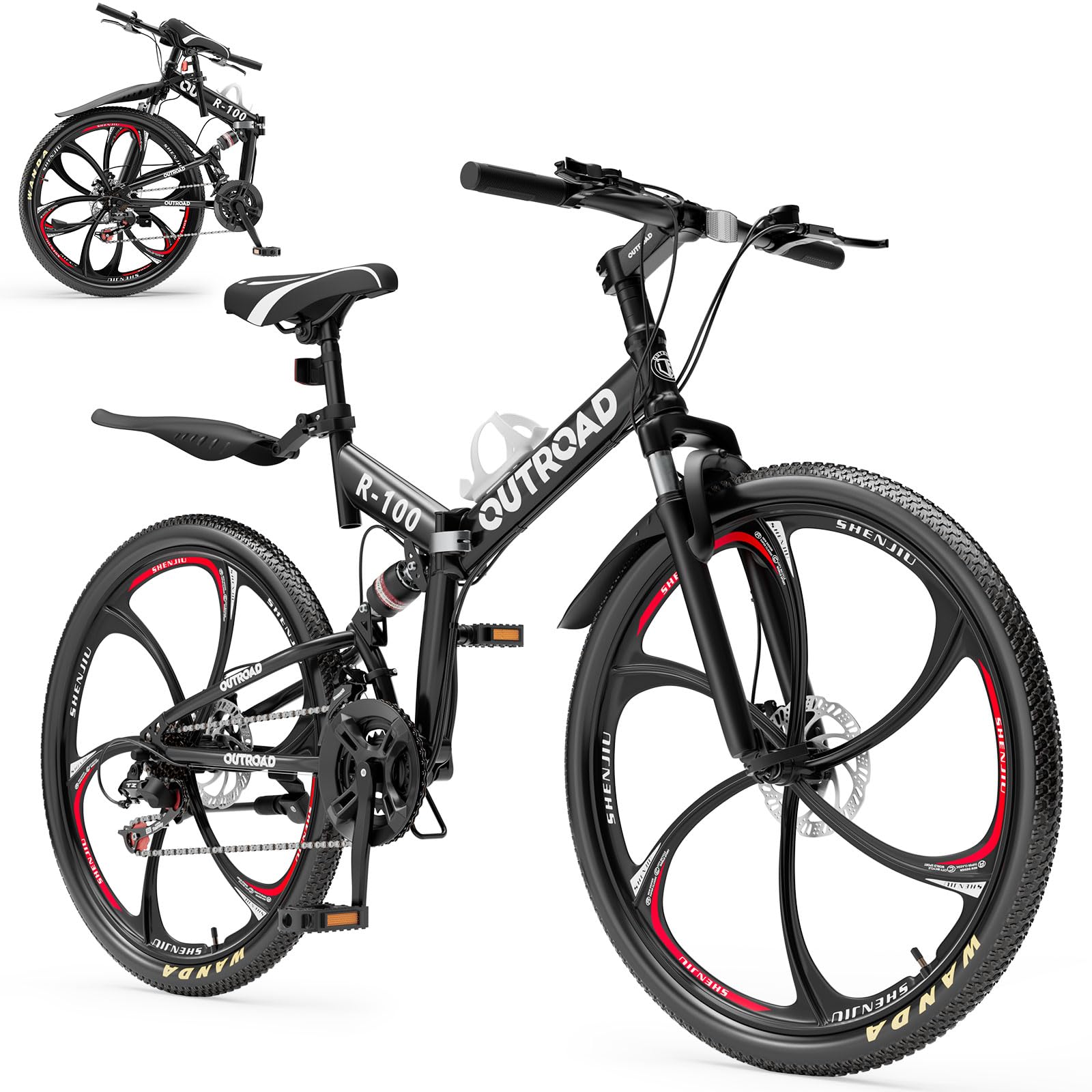 26 Inch Folding Mountain Bike, 21 Speed Full Suspension Bicycle with High-Carbon Steel, Dual Disc Brake Non-Slip Quick Release tire Folding Bicycle for Adults/Men/Women