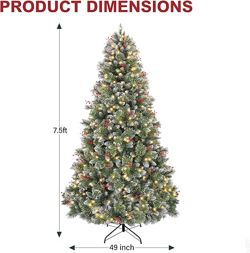 Vista 7 de Hykolity 7.5 ft Prelit Snow Flocked Christmas Tree, Partially Frosted Xmas Pine Tree with Red Berries, 350 Warm White Lights, 1372 PVC Branch Tips