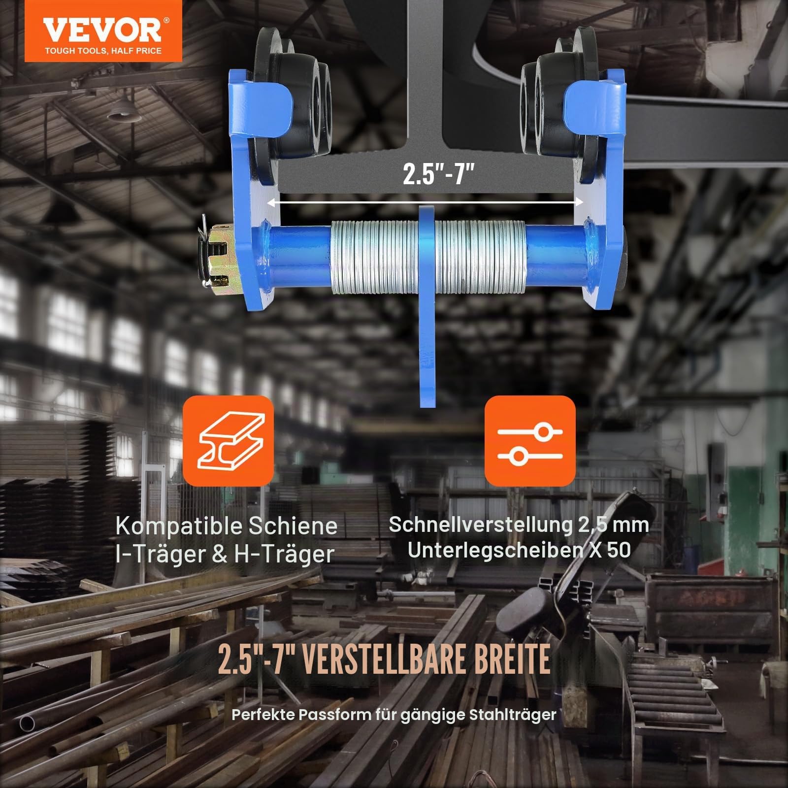 VEVOR Laufkatze 2000 kg Tragkraft Rollfahrwerk mit Doppelrädern, einstellbar für I-Trägerflanschbreite 63,5 bis 177,8 mm Hochleistungs-Garagenhebezeug aus legiertem Stahl für gerade gebogene I-Träger