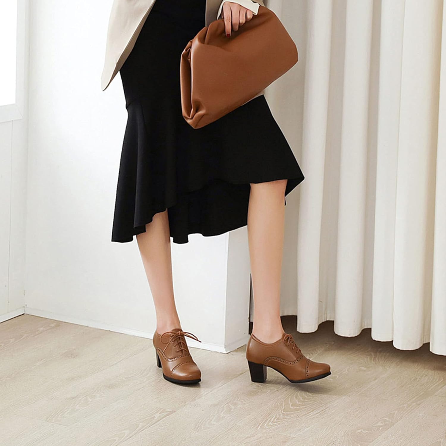 SHEMEE Women's Chunky Lace Up Vintage Oxfords Dress Pumps Round Toe Block Mid Heels Retro Brogues Shoes - Image 3