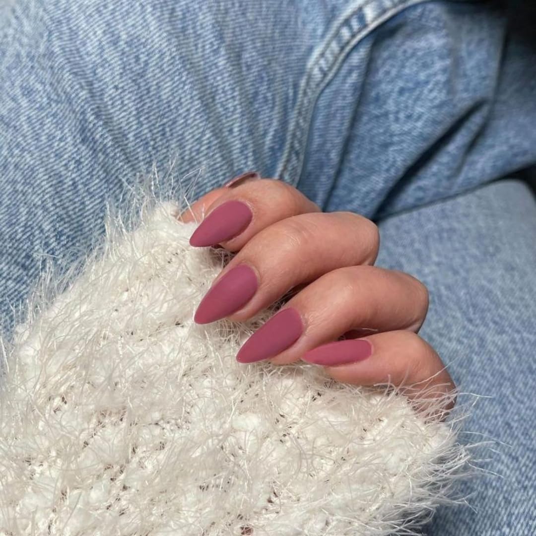 KQueenest Soft Gel Press on Nails Almond Medium, Matte Berry Pink False Nails Almond, Solid Color Stiletto Fake Nails Set