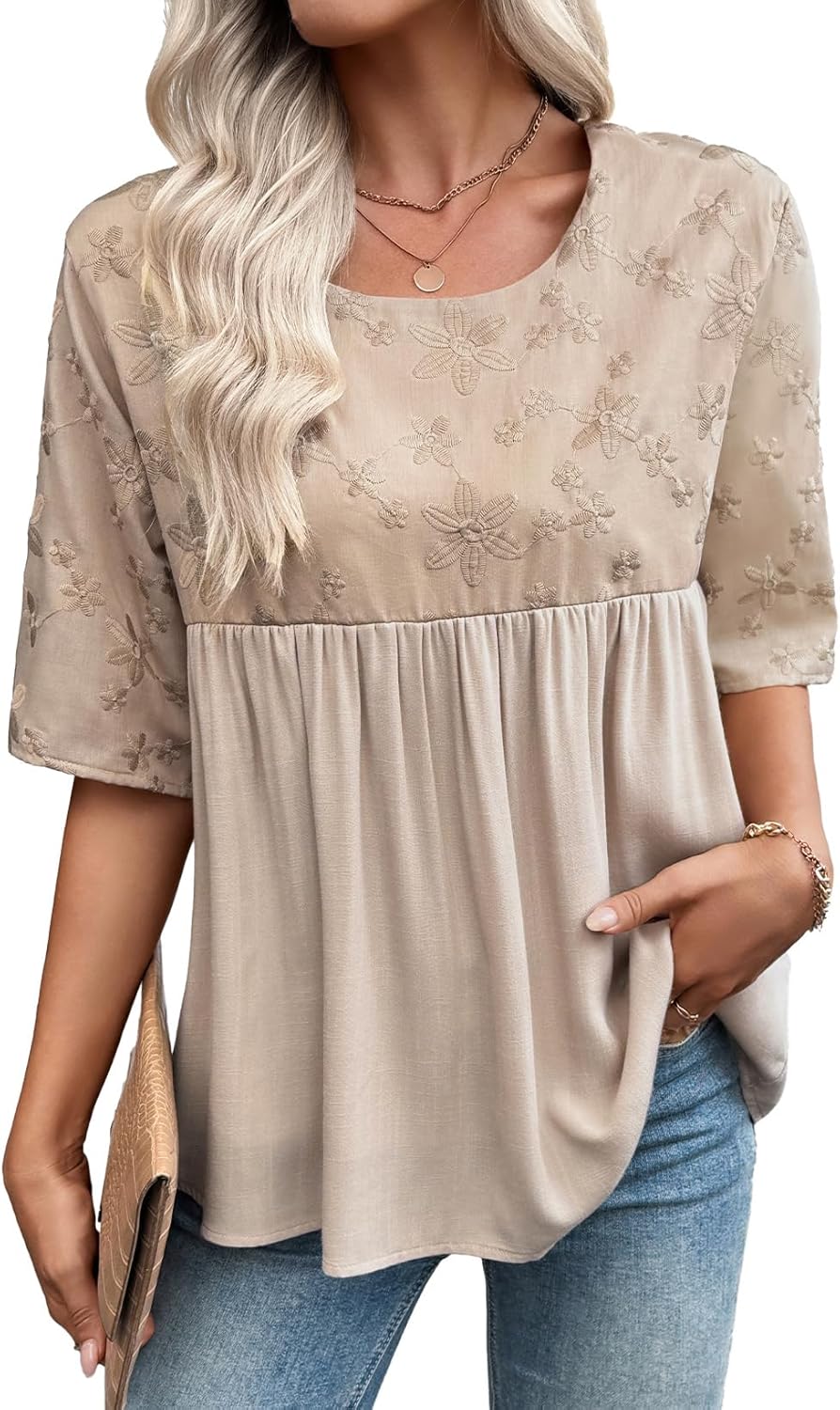 EVALESS Womens Spring Summer Tops Casual Crewneck Half Sleeve Shirts Blouses Cute Floral Embroidered Boho Babydoll Tops