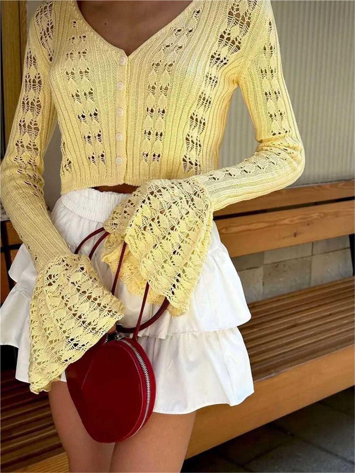 Cardigan Mujer Corta Suéter Calado con Cuello en V, Manga Larga, Transparente, de Verano, Punto y Patchwork