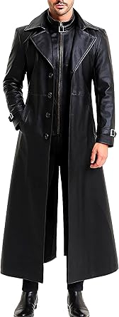 Black Leather Trench Coat Mens - Real & Faux Leather Duster Overcoat - Full Length Mens Winter Jacket