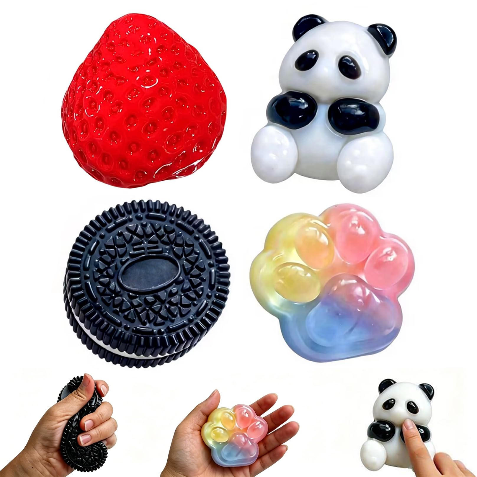 POTWPOT 4Pcs Taba Squishy Set – Strawberry, Biscuit, Panda & Rainbow Paw | Fufu Squishy Squeeze Toy Squishes Kit for Stress Relief Sensory Play Fidget, Soft Squishy Fidget Toys for Kids Adults