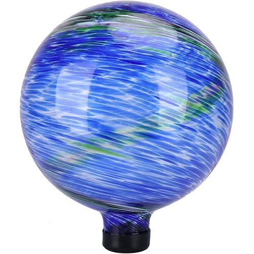 VCUTEKA Glass Outdoor Gazing Globe, Blue and Green Hand Painted Swirled Sphere for Patio Garden Gazing Ball Yard Ornament, 10 Inch