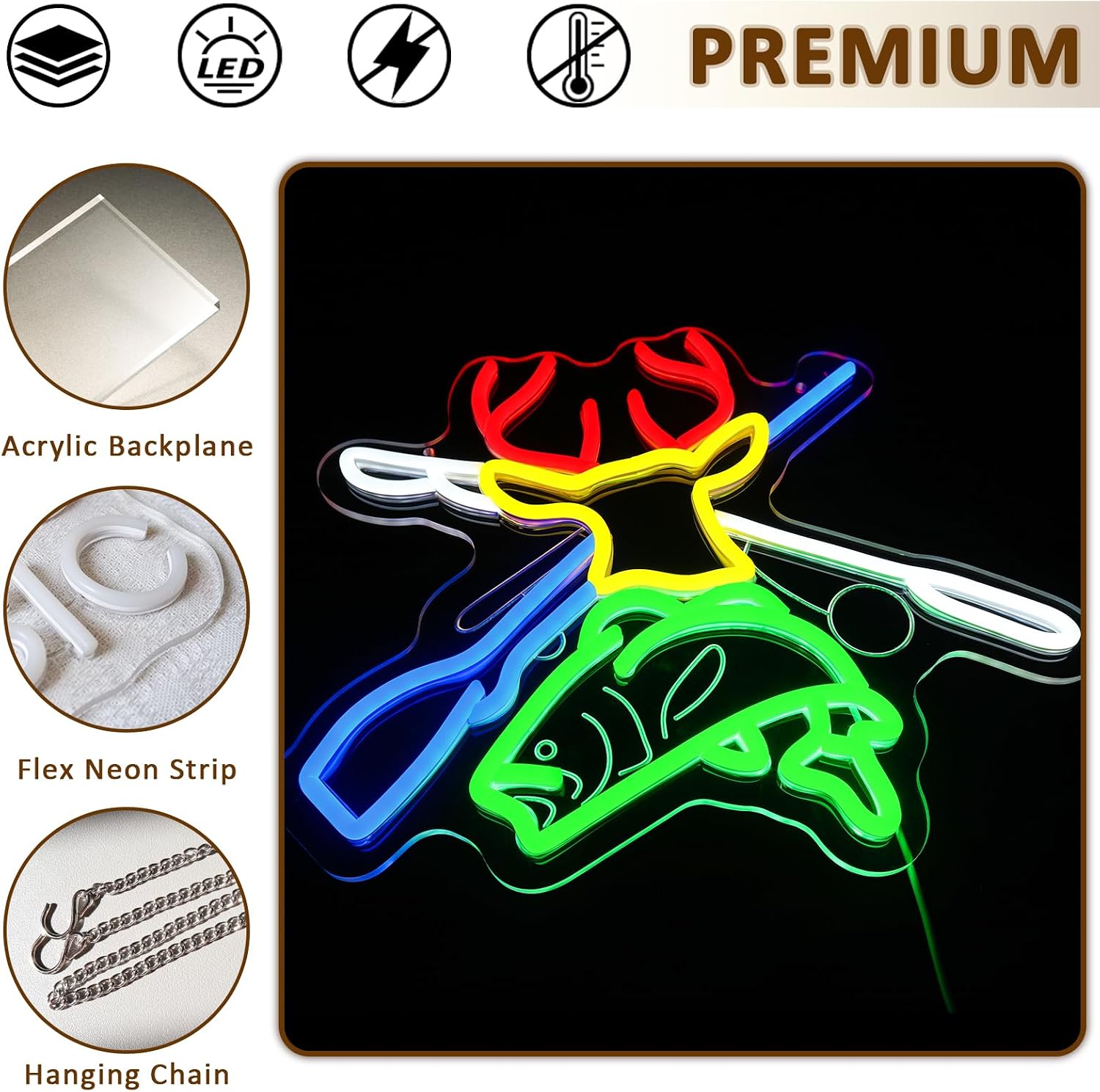 Deer Hunting Neon Sign for Wall Decor, Deer Head Led Signs for Bedroom, USB Dimmable Fish Hook Neon Lights for Man Cave Cabin Wall Accent Bar Home Pub Wildlife Hunting Wall Art