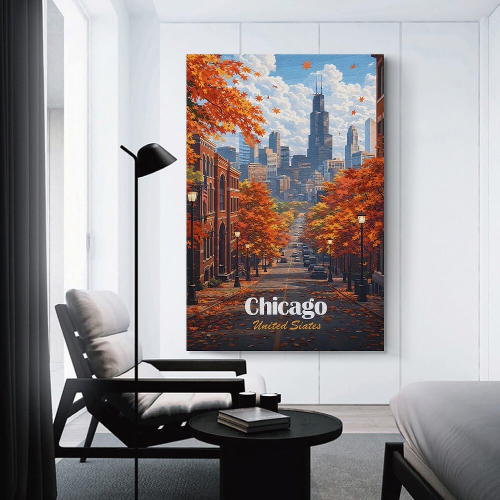 Junmoney Wall Picture Print Chicago Skyline in Autumn, 24x36inch(60x90cm), for Wall Displays, Bedrooms Or Room Updates, Wall Decor Suited to Curated Displays