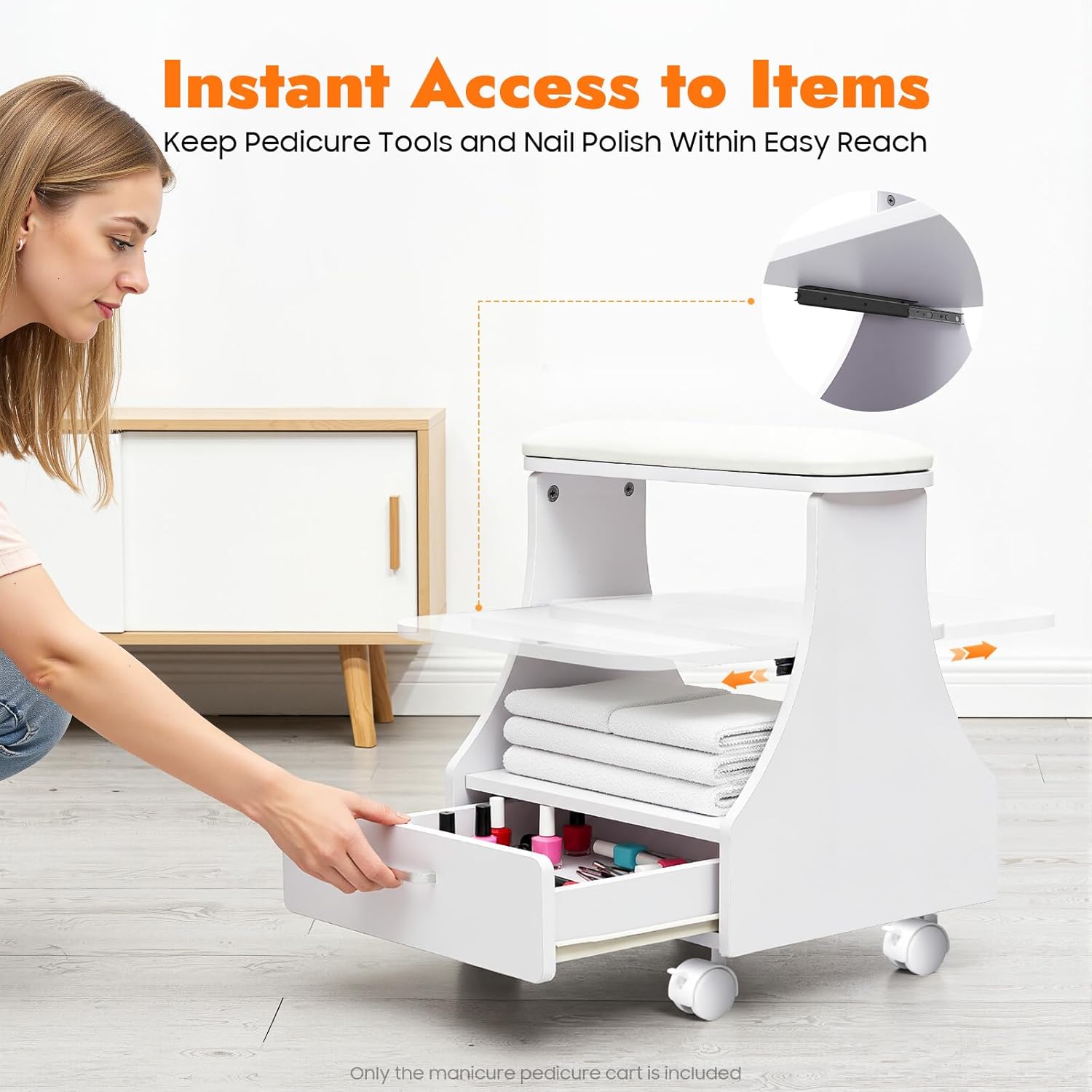 Foot Bath Stool,Portable Manicure Pedicure Cart with casters,Esthetician Salon Nail Foot Trolley Cart with Practical Drawer & Removable Shelf,Foot Rest Pedicure Chair for Beauty,Hair Salons (White)