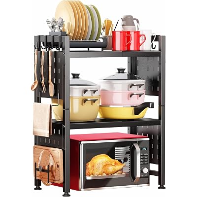 Microwave Stand, 3-Tier Expandable(17.4"- 27.4") Heavy Duty Adjustable Shelf Microwave Oven Rack, Kitchen Countertop Organizer and Storage with 9 Hooks & Cutting Board Holder, Holds up 180 lbs, Black