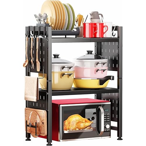Microwave Stand, 3-Tier Expandable(17.4"- 27.4") Heavy Duty Adjustable Shelf Microwave Oven Rack, Kitchen Countertop Organizer and Storage with 9 Hooks & Cutting Board Holder, Holds up 180 lbs, Black