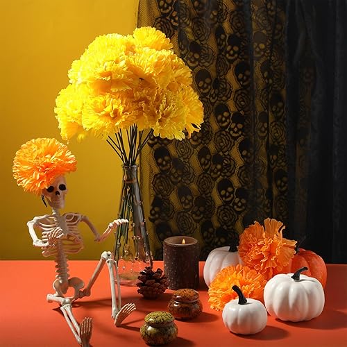 Miniatura 3 de Paquete de 100 flores artificiales de caléndula con tallos mexicanos, flores falsas mexicanas, guirnaldas de caléndula para decoración tradicional