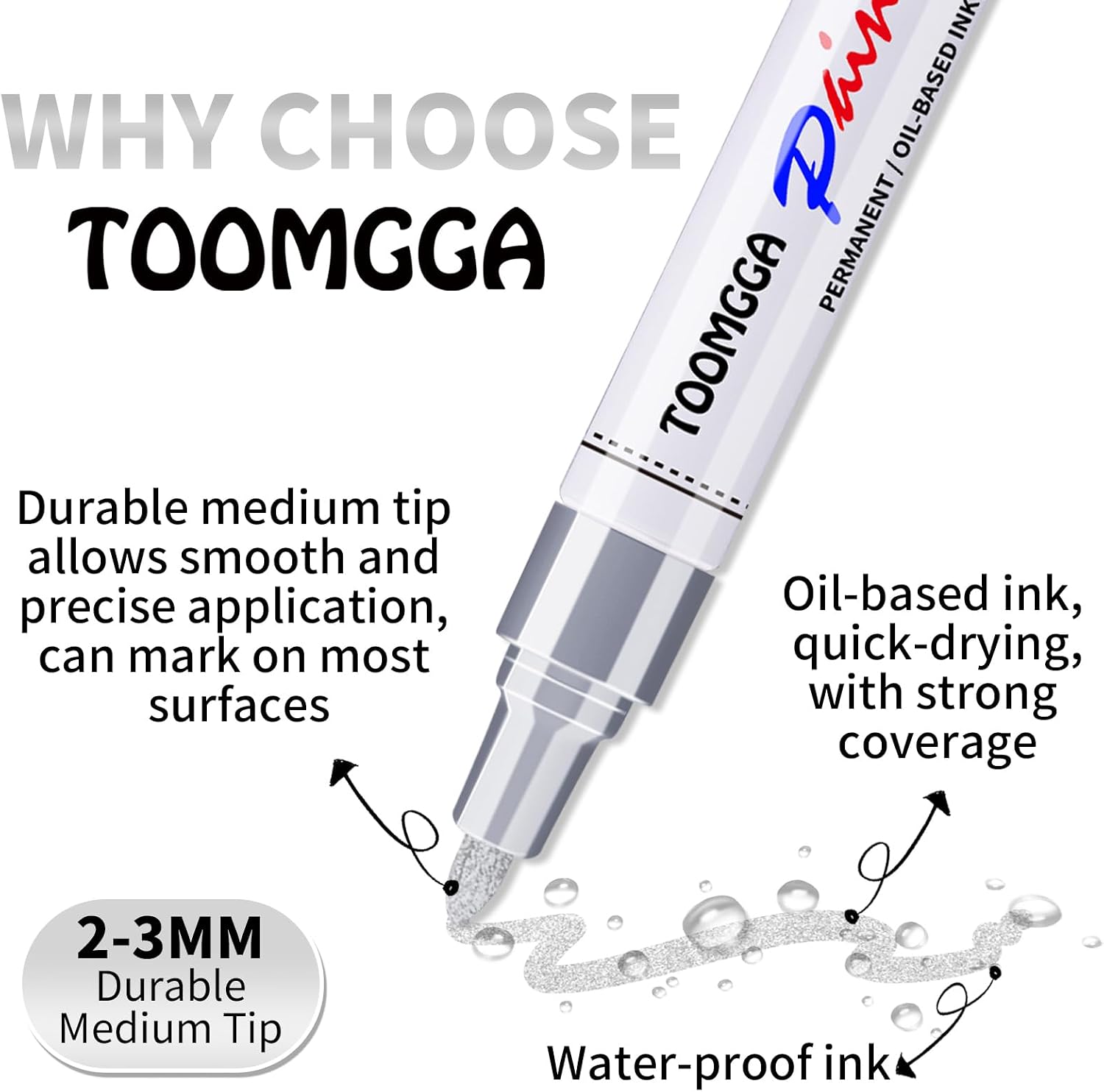 TOOMGGA 2 Silver Paint Pens Permanent Paint Markers, Oil Based Medium Tip image 3