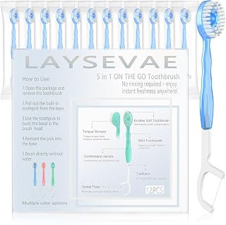 12팩 5 in 1 일회용 미니 칫솔, 치약, 치실, 픽 & 혀 스크레이퍼, 개별 포장, 휴대용 칫솔 여행 세트, 어린이 성인용, 혼합 맛 (민트 맛)