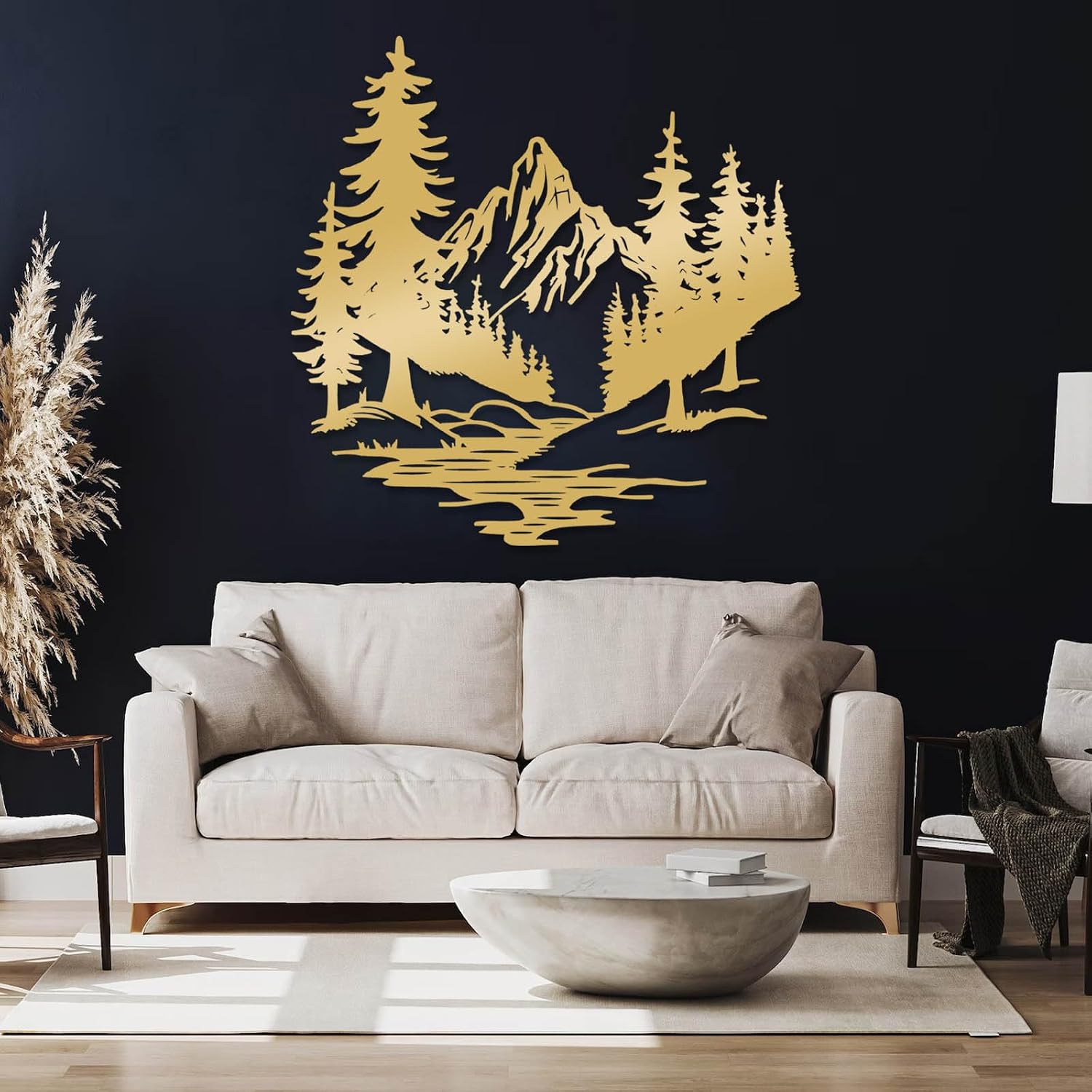 Jogwenu Large Mountain Metal Wall Art, Mountain Range and Lake Metal Wall Sculpture, Forest Wall Decor, Lake Decor, Nature Art, Living Room Bedroom Hanging (Gold, 31"x31"|80x80cm)